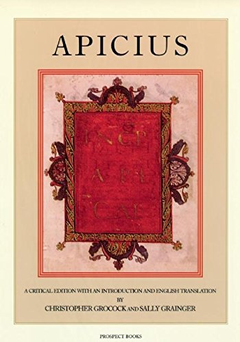 Cover of the Apicius Cookbook, which has a red tapestry square on it.