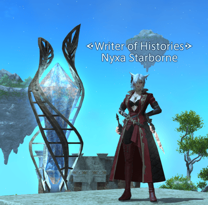 A screenshot of a FFXIV cat character next to a big crystal