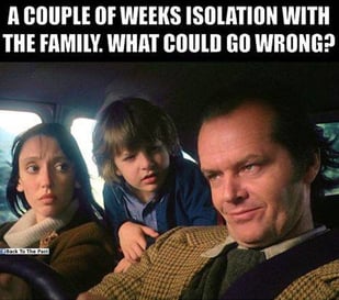 a meme featuring actors from the Shining, a man and woman in the front seat of a car and a child in the backseat